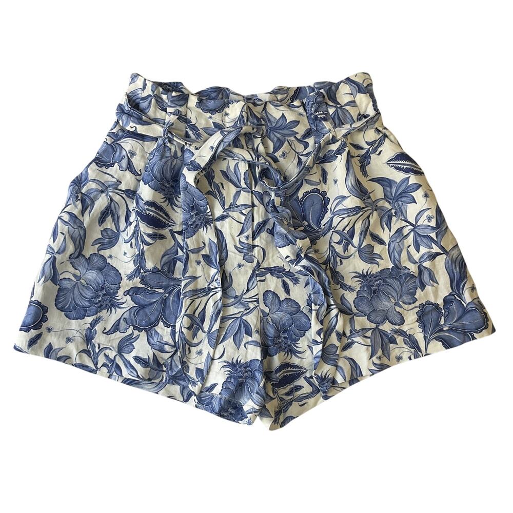 H&M Women Shorts US 10 Blue White Cotton Linen Floral Tie Button 4.5" Inseam NWT